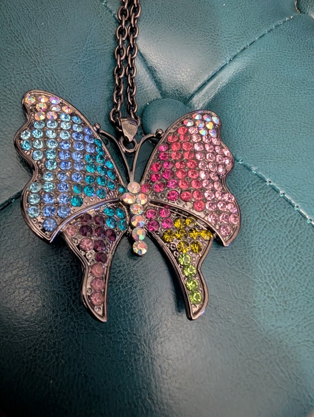 Park Lane Multicolor Crystal Butterfly Necklace in Blue, Pink, Yellow, Green - Picture 3 of 4